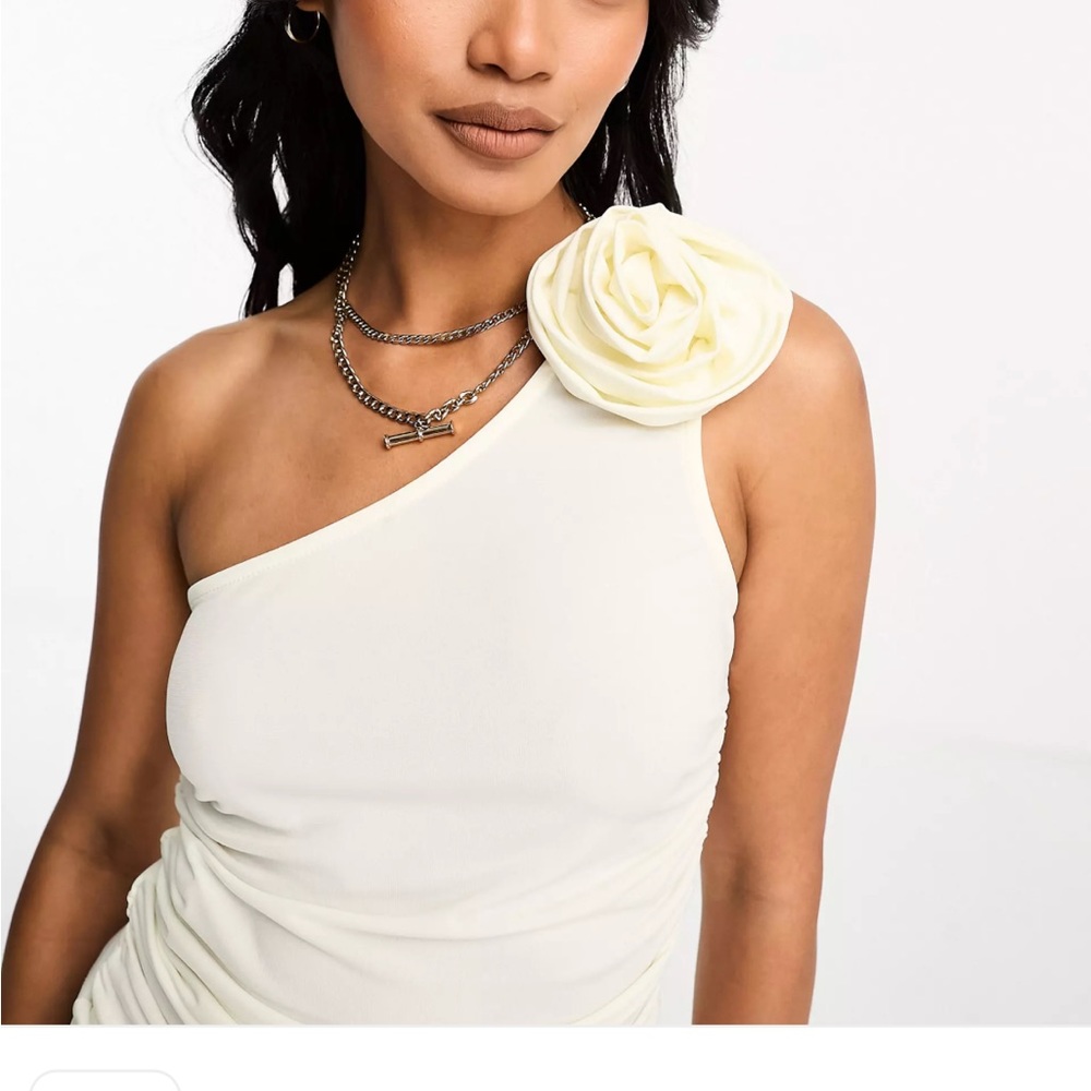 Mango asymmetric ruched top with floral element in white